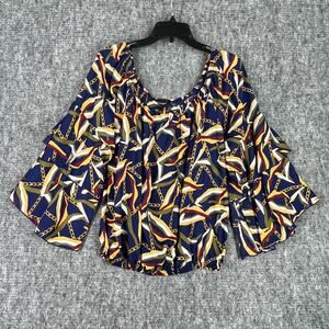 Ashley Stewart Shirt‎ Womens 16 Blue Chain Print Flare Sleeve Blouse Party Club